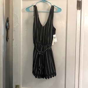 Brand new AQUA pinstripe menswear inspired lace trim romper